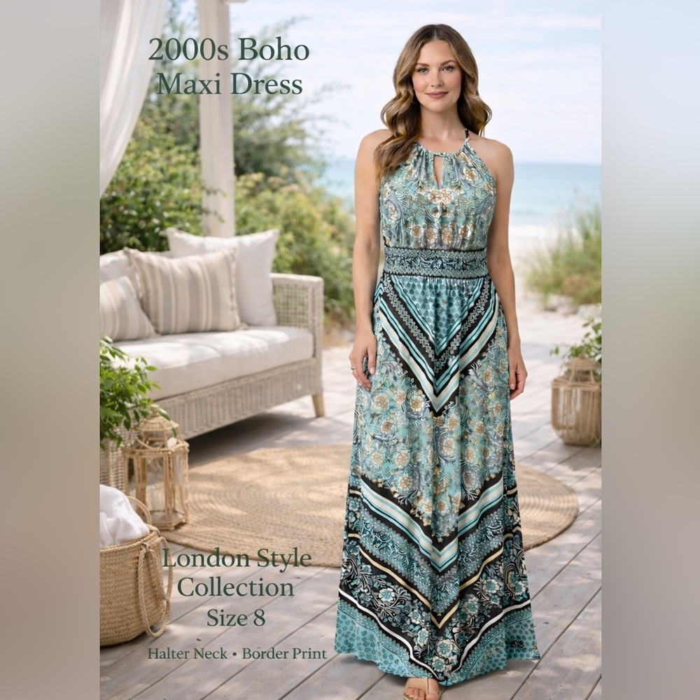 London Style Collection Boho Maxi Dress Halter Keyhole Border Print Size 8